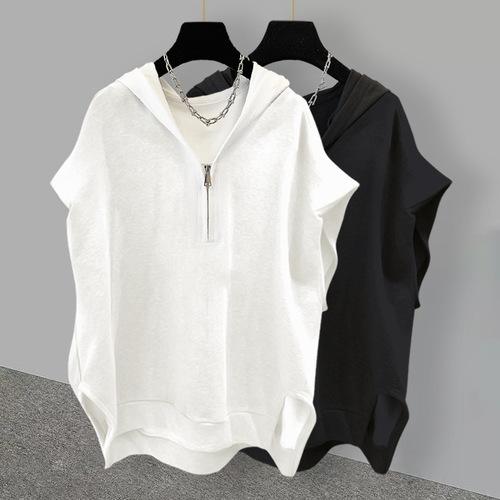 Extra Large Code 300 Pounds Solid Color Zipper Hooded Sleeveless Sweatshirt for Women Autumn Ins Korean Version Loose Backless Top Summer 200