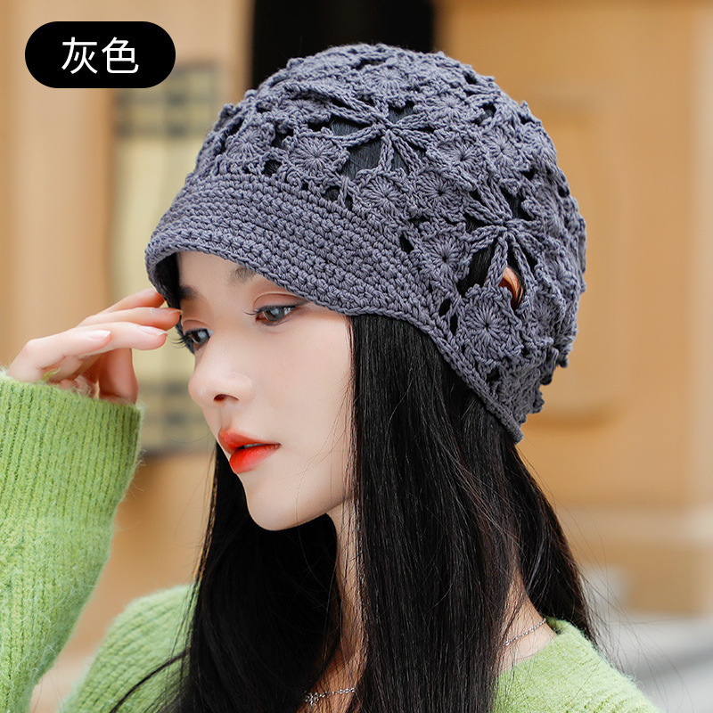复古手编织花朵镂空包头帽女秋季珍珠流苏套头帽薄民族风针织帽子|undefined