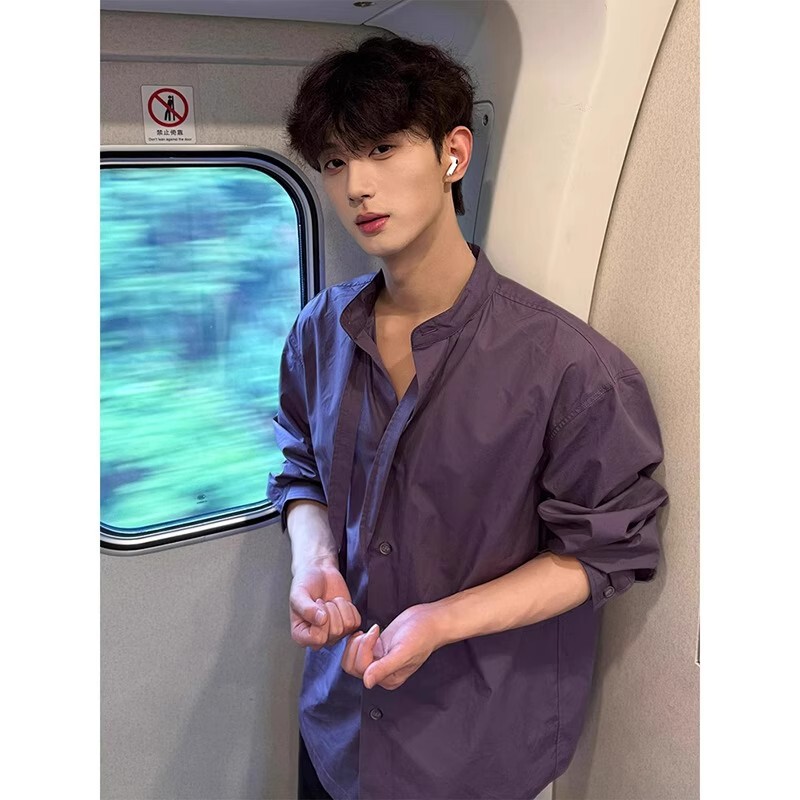 Purple Sun-Protective Long-Sleeve Shirt for Men with a Design Featuring Ribbons, Trendy American-Style Ice Silk Shirt, New Autumn Jacket