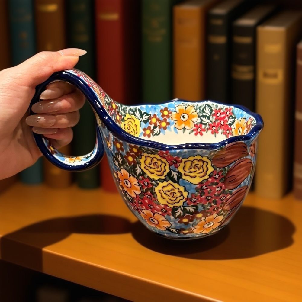 Large bowl with spoon, Polish hand-painted underglaze ceramic, large capacity curved handle cup, 450ML, vintage and high aesthetic value