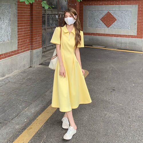 Improved style—please check the actual product before placing your order: women's large-size French-collared zip-up dress for summer.