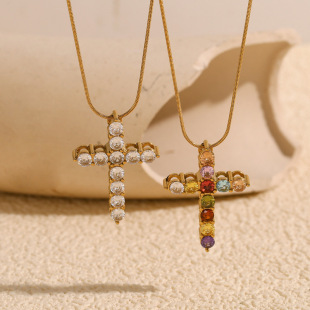 European and American Fashion Elegant Niche Design Pendant Stainless Steel Plated 18K Gold Color Diamond Cross Snake Chain Necklace for Women