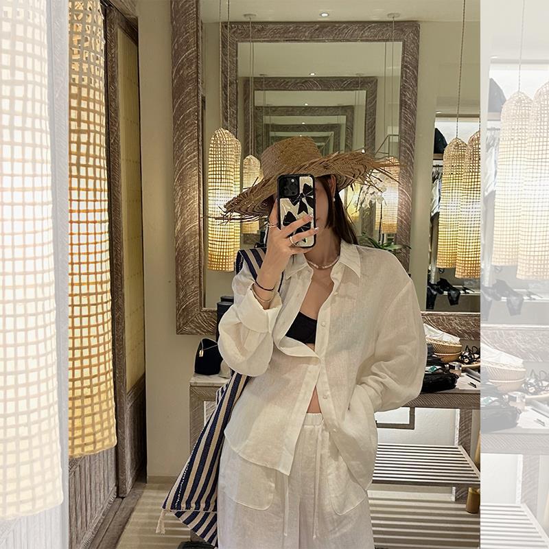 [in stock] all white summer refreshing classic linen tea white shirt/overskirt/casual pants three-piece set