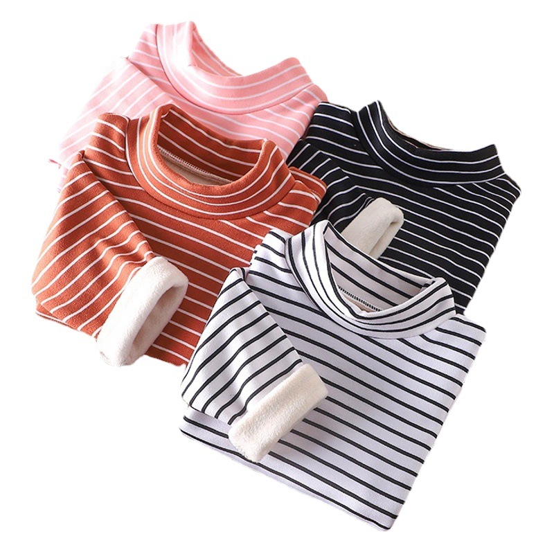 Suéter térmico para niños a rayas de una pieza de cuello alto camisa de fondo para niños Camiseta de manga larga engrosada con forro polar camiseta para niños