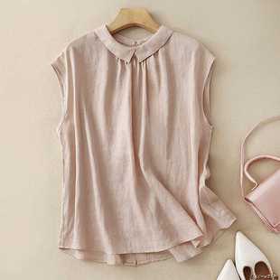 2025 Solid Color Cotton and Linen Doll Collar Short-Sleeved Shirt Women's Summer Shirt Chic Design Top