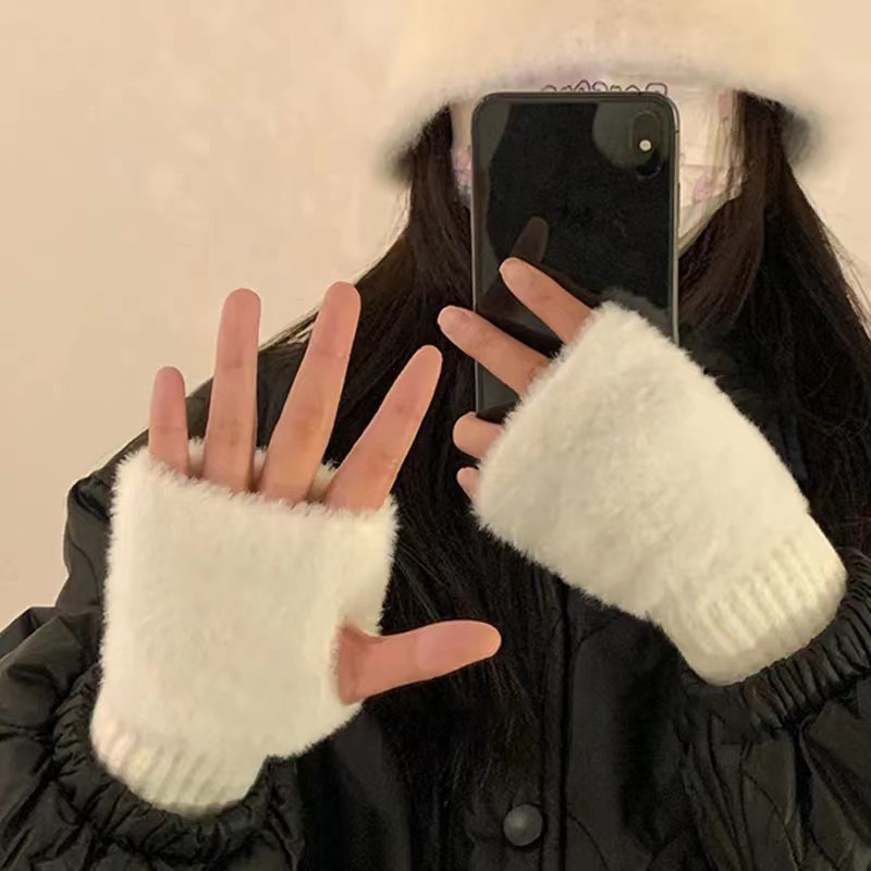 时尚韩版半指手套秋冬保暖针织手套学生写字办公骑行防风漏指手套|undefined