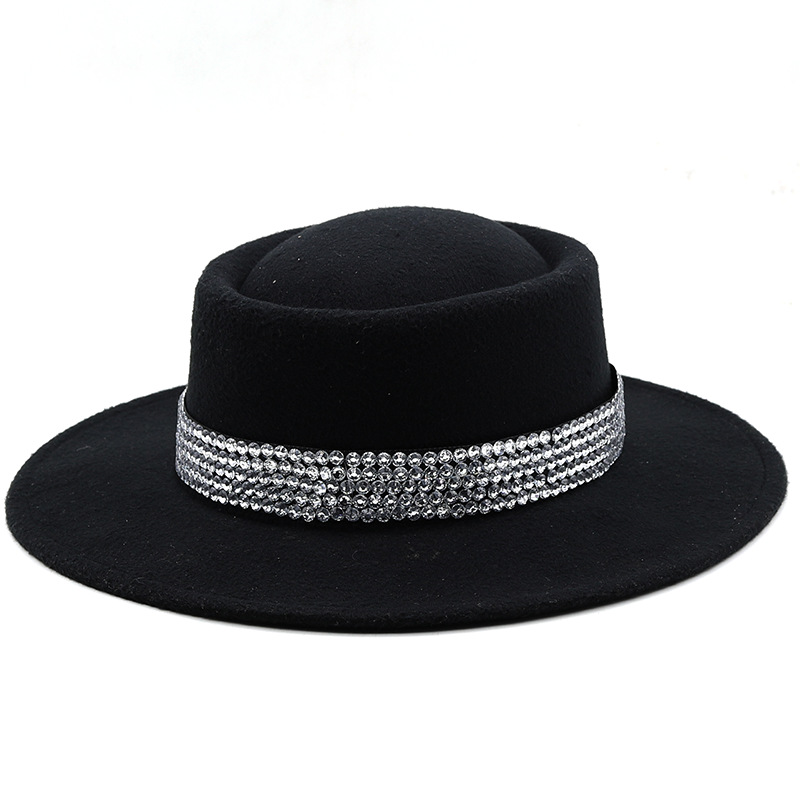 Fashion Women's Hat Woolen Big Brim Hat Solid Color Rhinestone Flat-brimmed Top Hat display picture 2