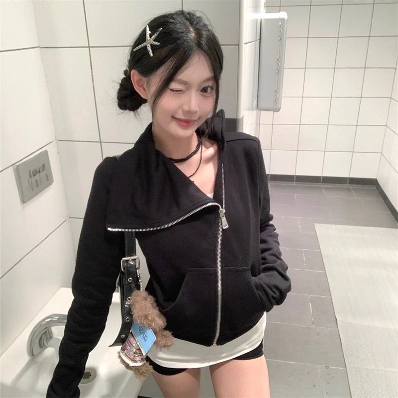 American-Style Irregular Large Lapel Cardigan Long-Sleeve Sweatshirt for Women, Autumn Black Design, Slim-Fit Short Jacket Top