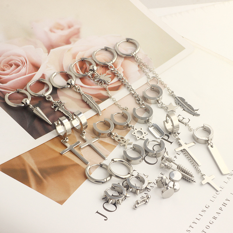 Stainless Steel Cross Hip Hop Earrings Set for Men - 26 Piece Fashion Earring Wholesale detail image 9