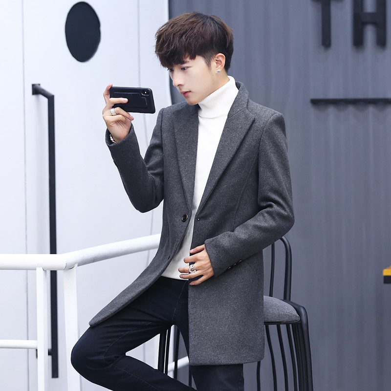 Cross-border 2025 Autumn/Winter Thickened Cotton Wool Coat for Young Men, Solid Color Wool Coat, Men's Wool Trench Coat