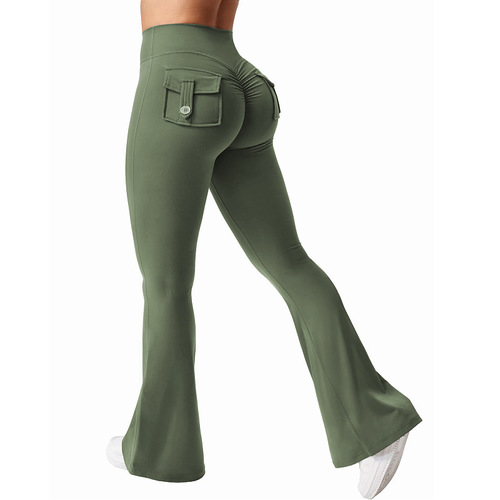 Cross-border Amazon workwear pocket yoga pants women's trumpet pants butt-lifting exercise tight fitness pants micro-trumpet yoga pants