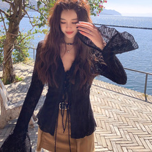 官图实价 春秋开衫收腰修身轻熟上衣半透视雪纺衬衫系带外搭外套