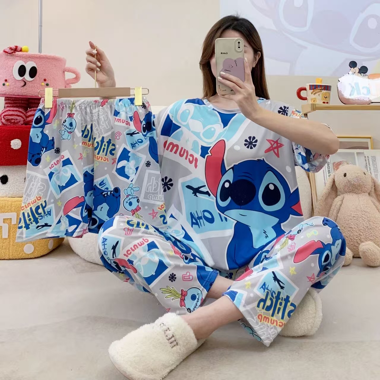 Pijamas de verano transfronterizos pijamas de leche de seda de tres piezas set de dibujos animados comercio exterior ropa para el hogar pantalones de mangas cortas lindos