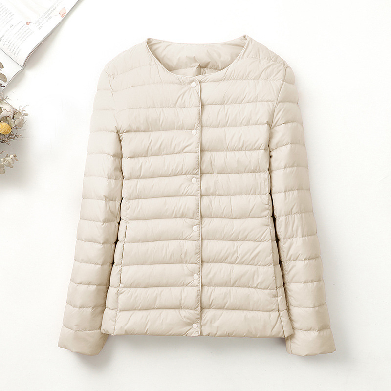 Chaqueta de plumón ligera transfronteriza para hombres y mujeres de otoño y invierno, chaqueta de abrigo caliente sin cuello, revestimiento de plumón ligero inferior se puede abrir