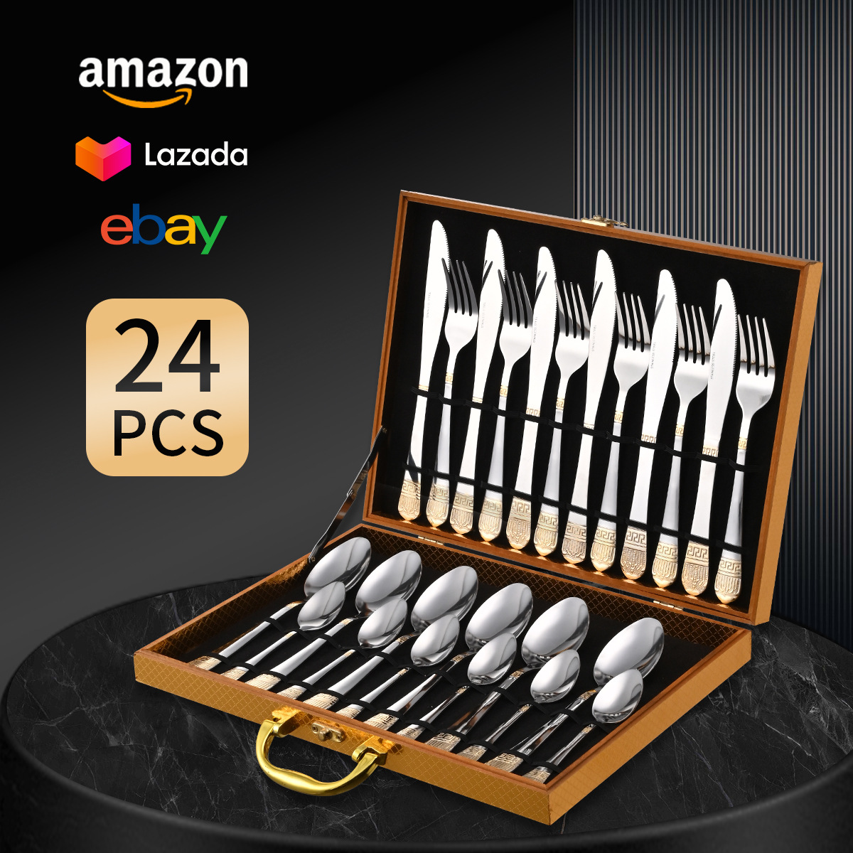 Cross-border stainless steel tableware retro gold-plated 24-piece western knife and fork spoon set hotel steak knife and fork wholesale