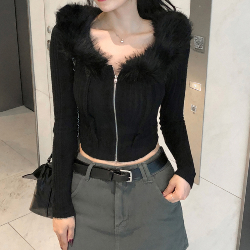 外贸欧美休闲纯欲风毛毛领拉链短款上衣女针织打底衫毛衣开衫外套|undefined