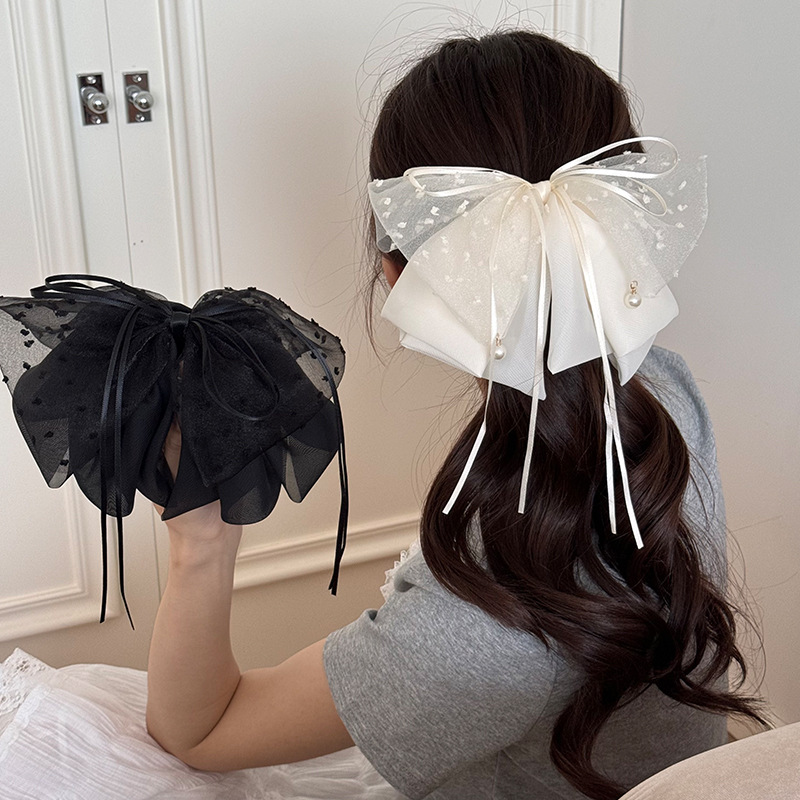 Korean Style Polka Dot Bow Ribbon Clip for Girls, Gentle Elegant, Pearl Pendant Hair Accessories, Half-Tied Hair Clip, Ponytail Clip