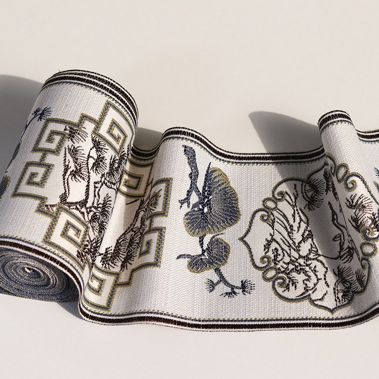 Encaje decorativo de 12 cm de ancho con diseño de paisaje y grullas al estilo chino, para ropa, cuellos, cinturones y artesanías de té.