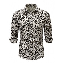 男式白色豹纹印花衬衫长袖灯芯绒衬衣休闲男式上衣外贸男装秋冬新