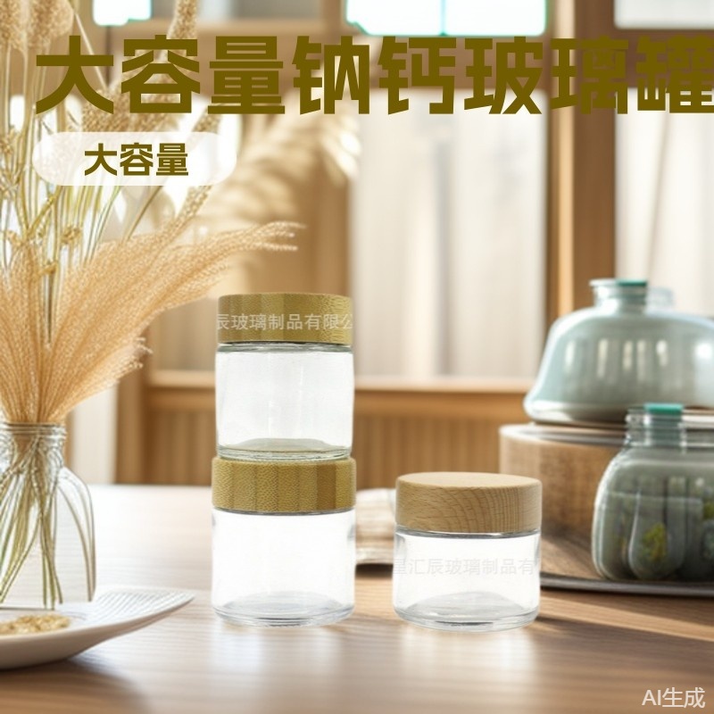 厂家批发竹木盖膏霜瓶跨境玻璃大麻罐大容量杂粮玻璃储物罐燕麦杯