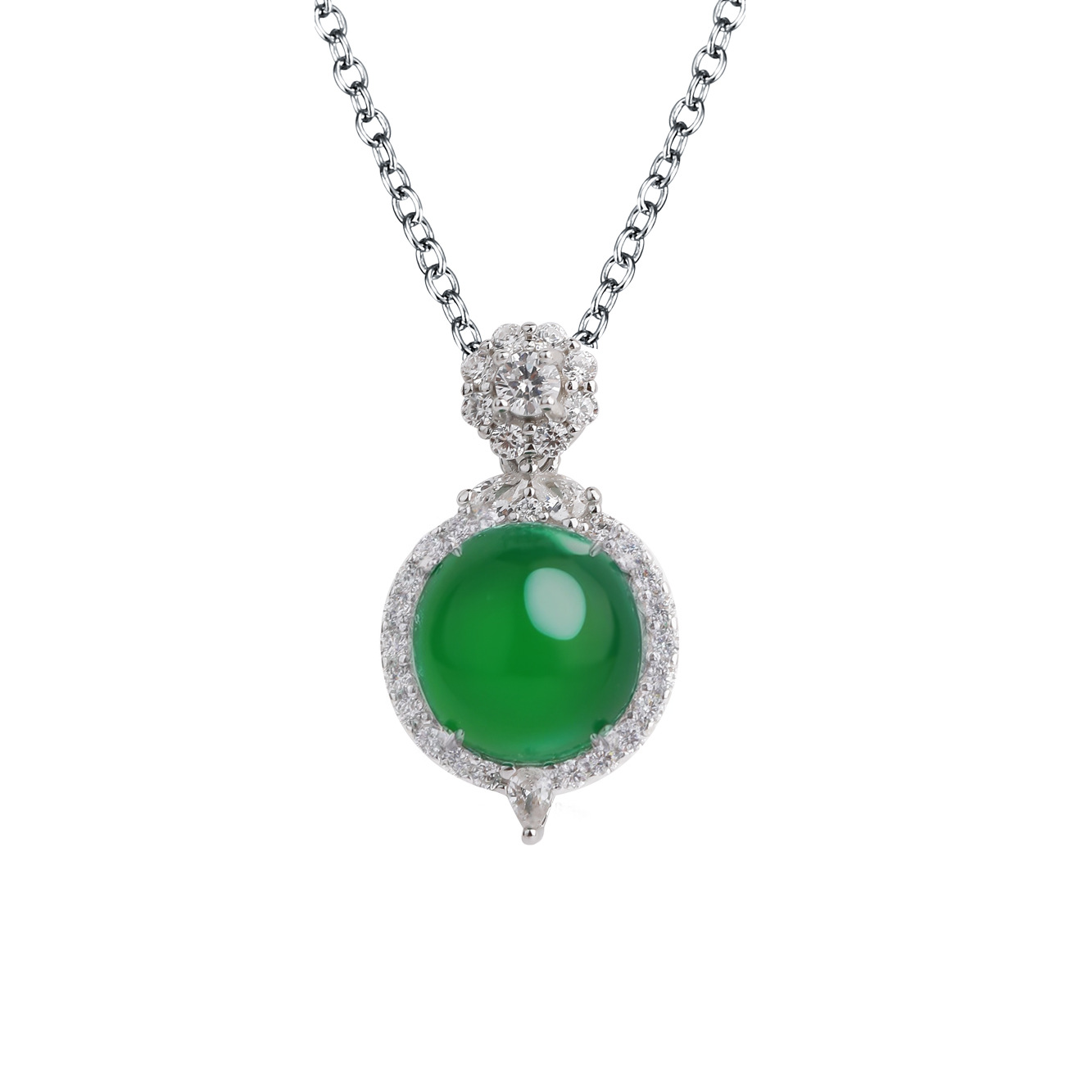 S925 plata de ley de alta calidad diamante con incrustaciones de calcedonia verde natural collar de fideos de huevo nuevo estilo chino cadena de clavícula de todo fósforo