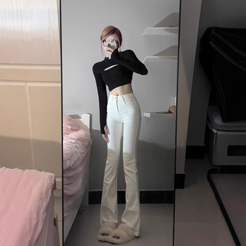 White Micro Trumpet Women's Jeans 2024 Spring and Autumn New High-Waisted Slimming Elastic Petite Ankle Bootcut Pants