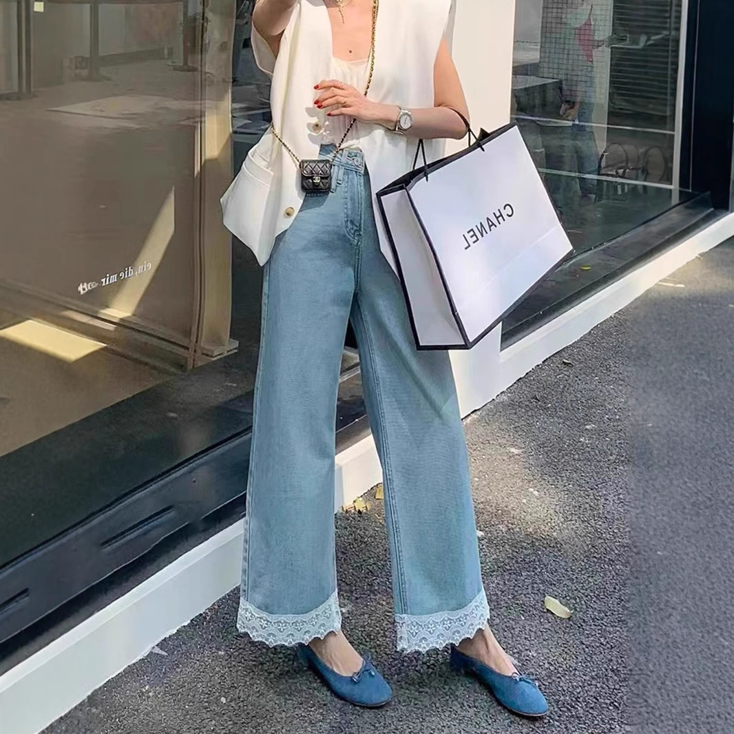 伊茉韩系蕾丝花边显高牛仔裤子女春夏2025新款设计感阔腿九分裤