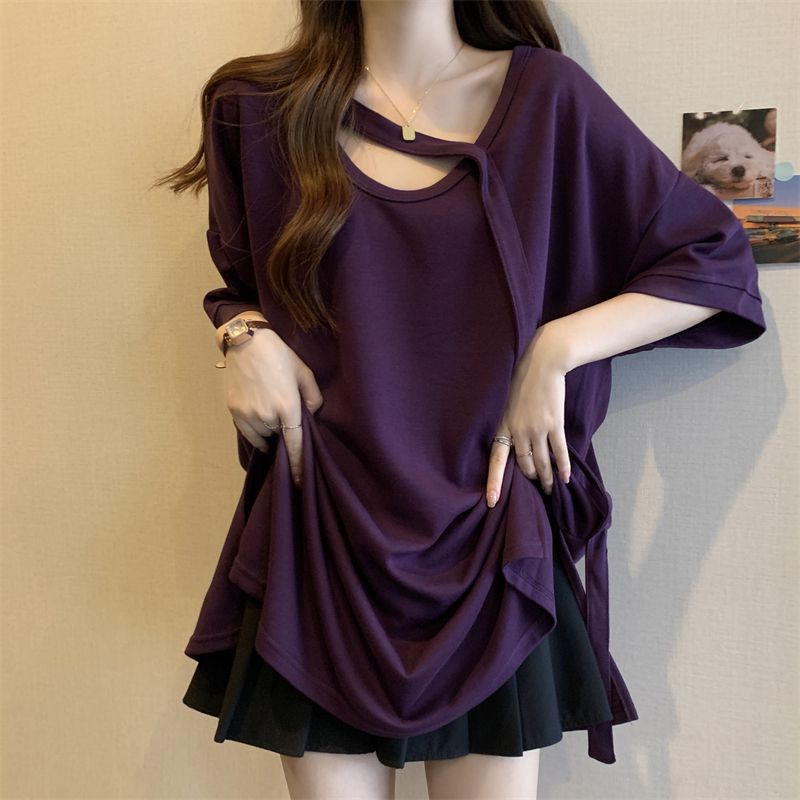Camiseta de manga corta de longitud media de las mujeres verano nuevo adelgazamiento suelto más tamaño diseño sentido caída-hombro manga camisa de fondo superior para las mujeres image 5