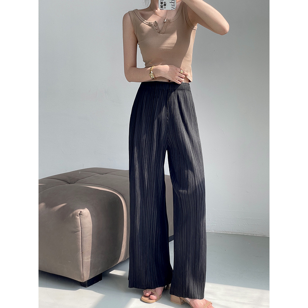 Miyake 2025 새로운 여름 스타일 슬리밍 및 살 커버 더블 레이어 pp 스트레이트 와이드 레그 팬츠 여성용 드레이프 다목적 플리츠 캐주얼 바지