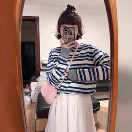 欧货拼色条纹长袖t恤女打底衫2024年秋季设计感宽松体恤减龄上衣