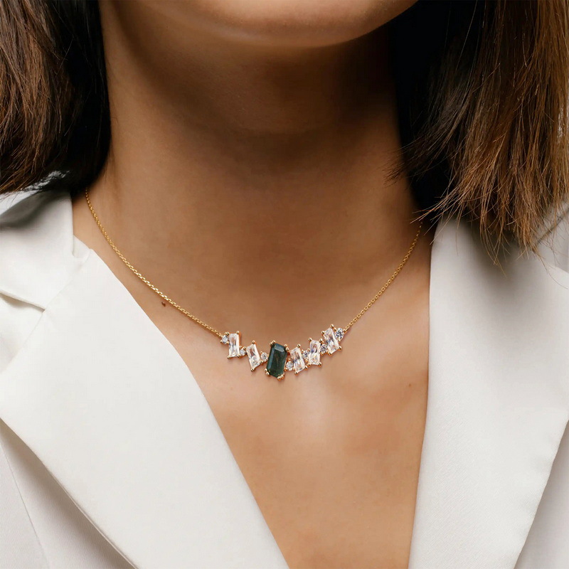 Transfronterizo personalizado al por mayor S925 plata verde musgo piedra collar mujer agua hierba ágata cadena de clavícula luz lujo estilo europeo y americano
