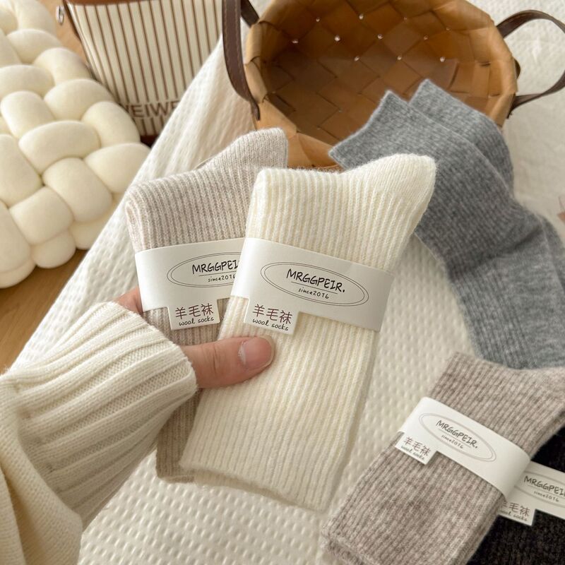 Solid Color Warm Wool Mid-Calf Socks for Women, Thin Striped College Style Slouch Socks, Autumn and Winter Thickened Socks