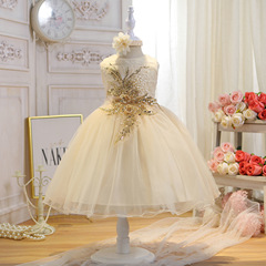 新款純色女童連衣裙網紗柔軟周歲女童裙子寶寶花朵頭飾禮服公主裙