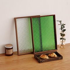 Retro hawthorn flower green glass tray solid wood rectangular small tea tray water cup storage fruit plate pastry plate