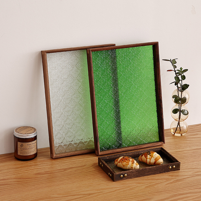 Vintage Begonia Flower Green Glass Tray Solid Wood Rectangular Small Tea Tray Water Cup Storage Fruit Tray Dispensing Tray