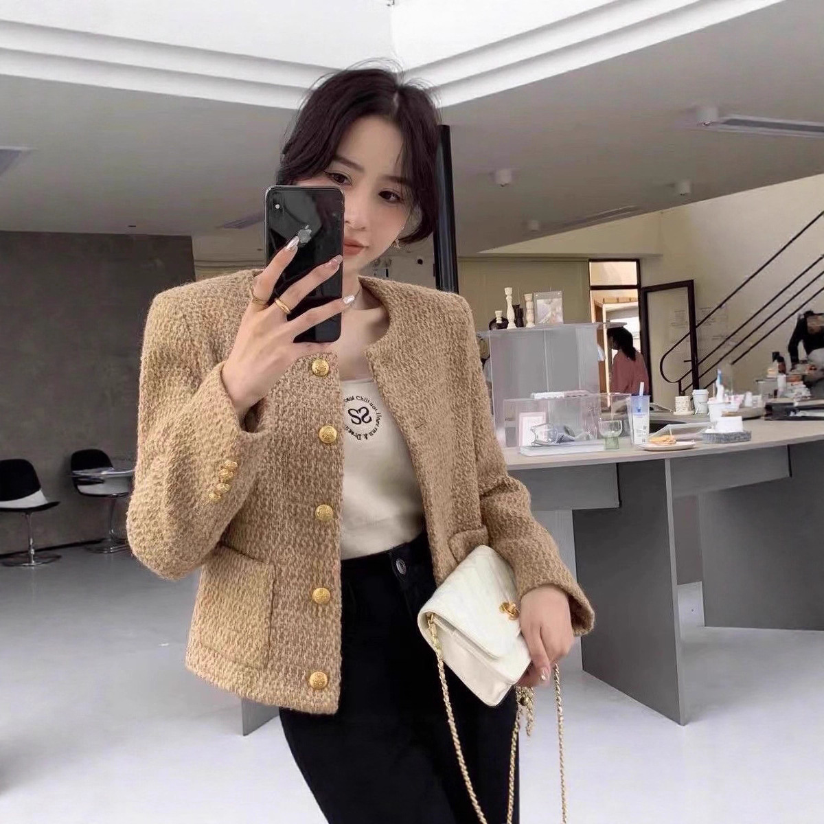 Foreign Trade Wholesale Sweetheart Style Commuter Short Jacket Trendy French Tweed Elegant Versatile Round Neck Socialite