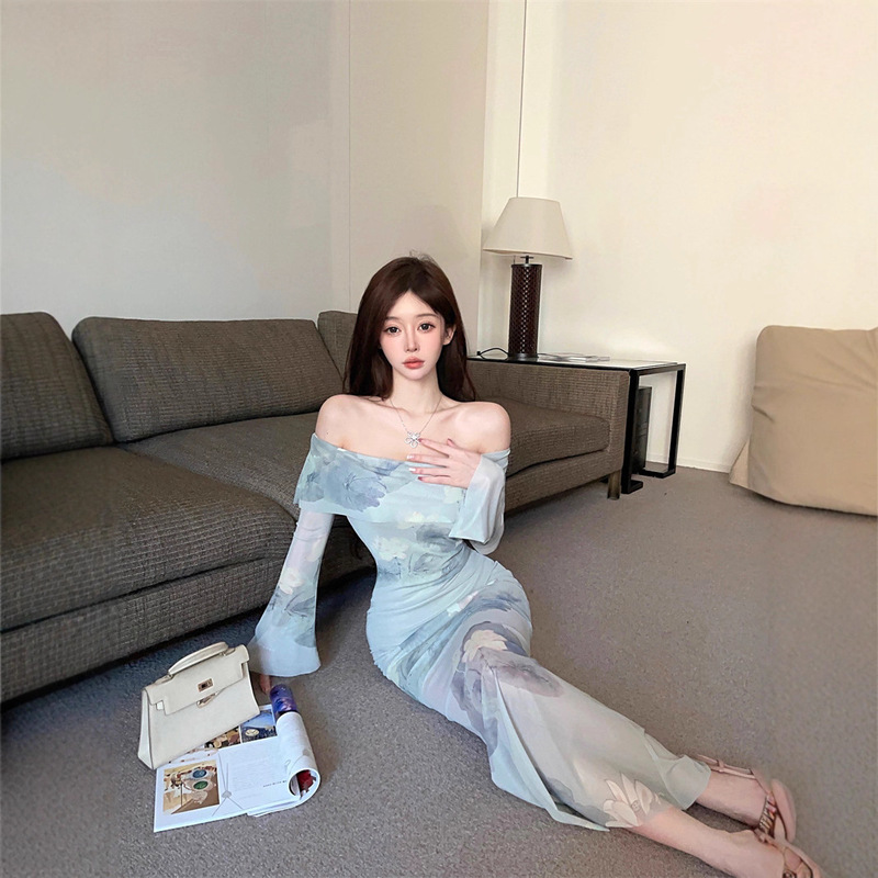 New Chinese Style One-Shoulder Mesh Long-Sleeved Dress for Women Summer Sexy Slim Fit Hip-Hugging Fishtail Dress Cheongsam Long Skirt