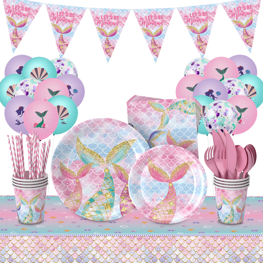 Nuevo tema de cola de pez sirena decoración de vajilla de fiesta fiesta de cumpleaños bandeja de papel taza de papel juego de decoración de globos