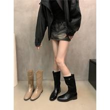 2025款复古百搭粗跟中高筒靴西部靴女靴子早秋新款黑色马丁靴马靴
