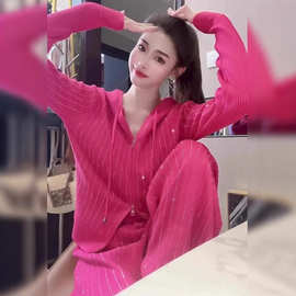 时尚休闲运动套装春秋季今年流行玫色拉链连帽加厚卫衣两件套女装