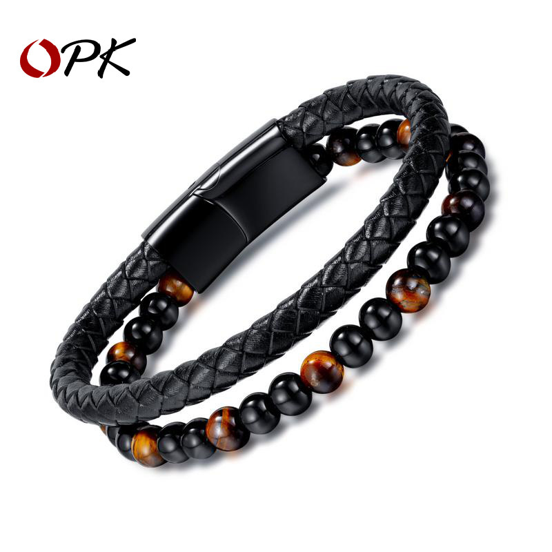 Opk Jewelry Cross-border Red Tiger Eye Men's Bracelet European and American Personality Retro Hand-woven Leather Bracelet Bracelet