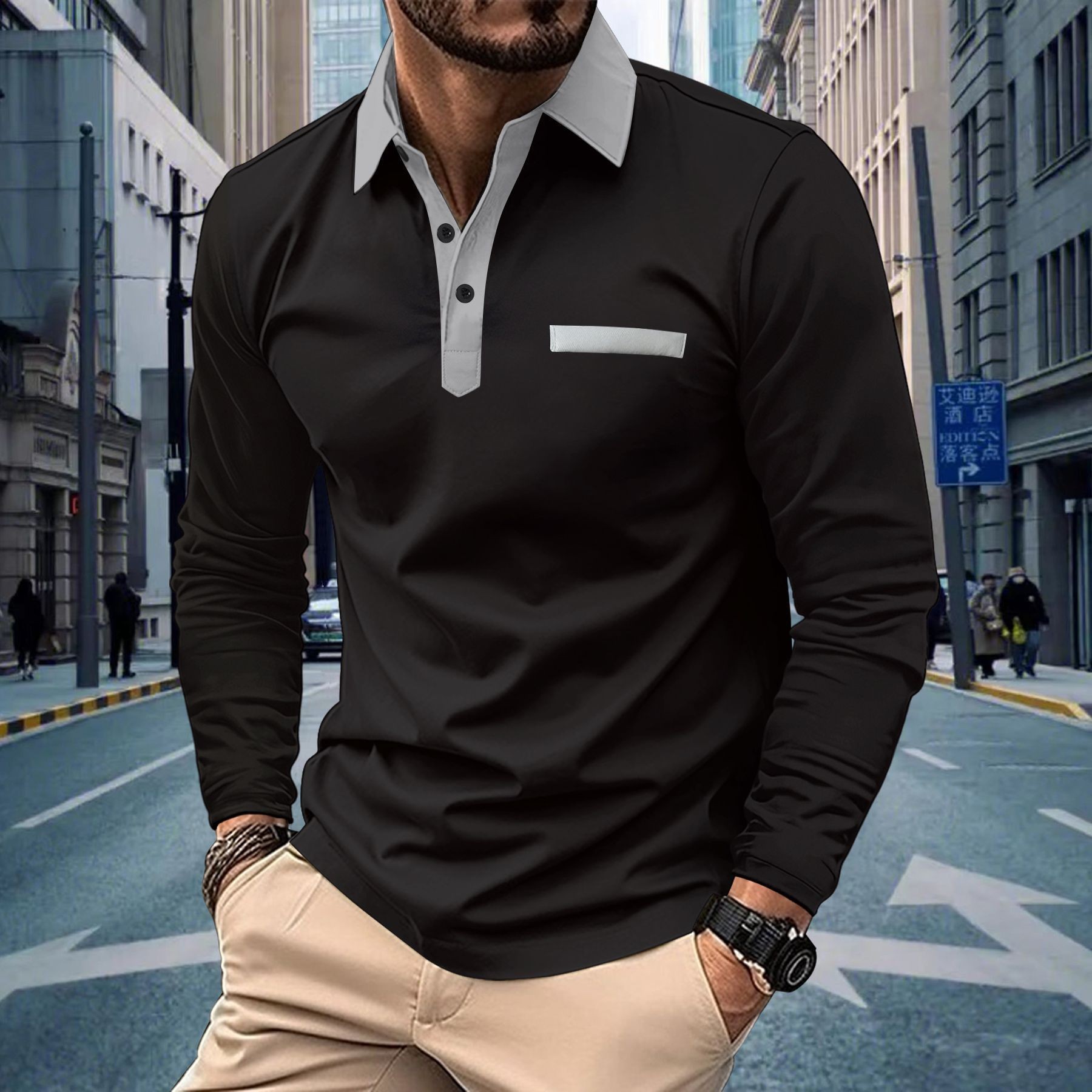 Herren Langarm Poloshirt Mit Button-down-kragen Und Color-block_voghion.com