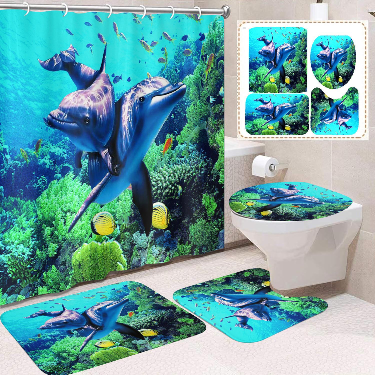 Cortina de ducha transfronteriza con diseño de delfines azules, estampada digitalmente, de poliéster, sin perforaciones, para baño, decoración del hogar image 64
