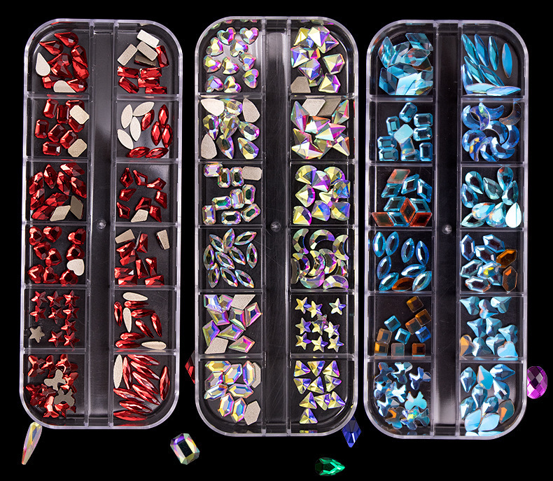 2021 Popular Cross-border Specially Designed for Nail Art Diamonds 12-grids Set Boxed Flats-bottomed Special-shaped Diamonds Stained Glass Diamonds Wholesale