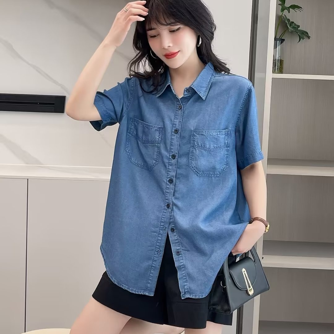 Best choice 2023 Summer new short sleeve Tencel Denim shirt Women's thin loose casual niche drape shirt