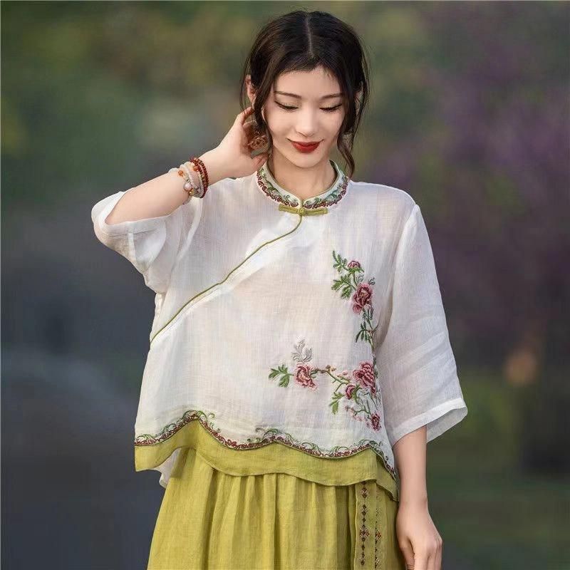 2025夏季新款文艺复古新中式棉麻刺绣撞色短袖中袖百搭上衣女小衫