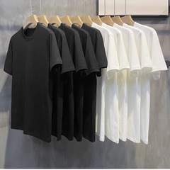 200g純綿の小さい肩の半袖のtシャツの男女の同じ半袖の純色の黒色の白い男性の丸襟は底を打って代を結びます。