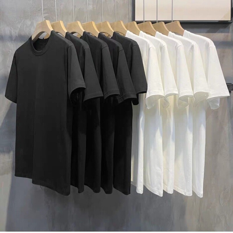200g cotton small shoulder short sleeve T-shirt men and women with half sleeve solid color black white men's crew neck base generation