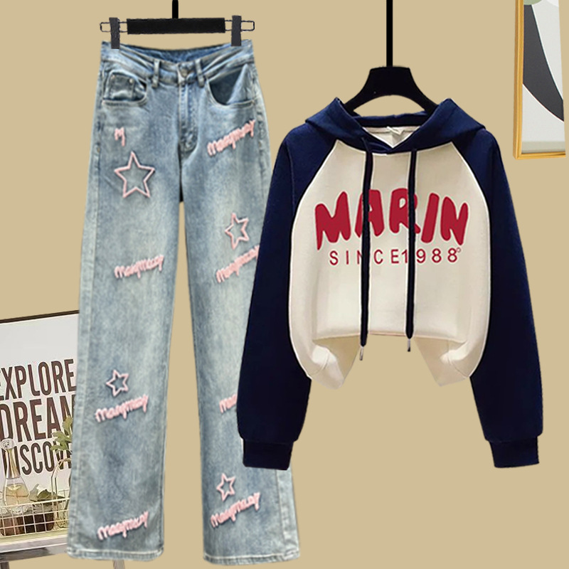 Denim suit# Raglan Contrast Color Hooded Sweat Versatile Top with Star Embroidered Wide Leg Pants Denim suit# Raglan Contrast Color Hooded Sweat Versatile Top with Star Embroidered Wide Leg Pants