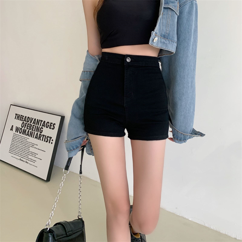 검은 색 단어 데님 반바지 여성의 가을 스파이스 소녀 꽉 높은 허리 슬리밍 작은 뜨거운 바지 스트레이트 와이드 다리 바지